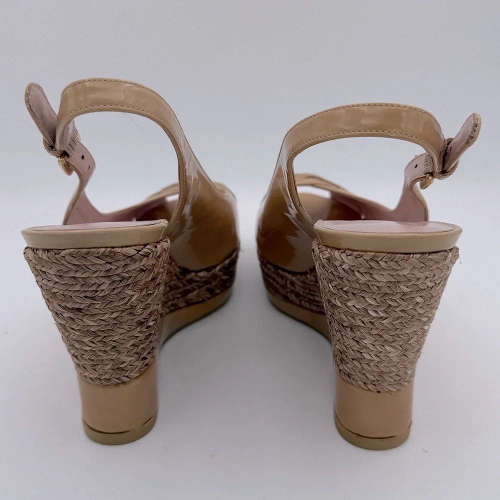Stuart Weitzman women’s patent leather Tan Espadrille platform sandals shoes 8.5